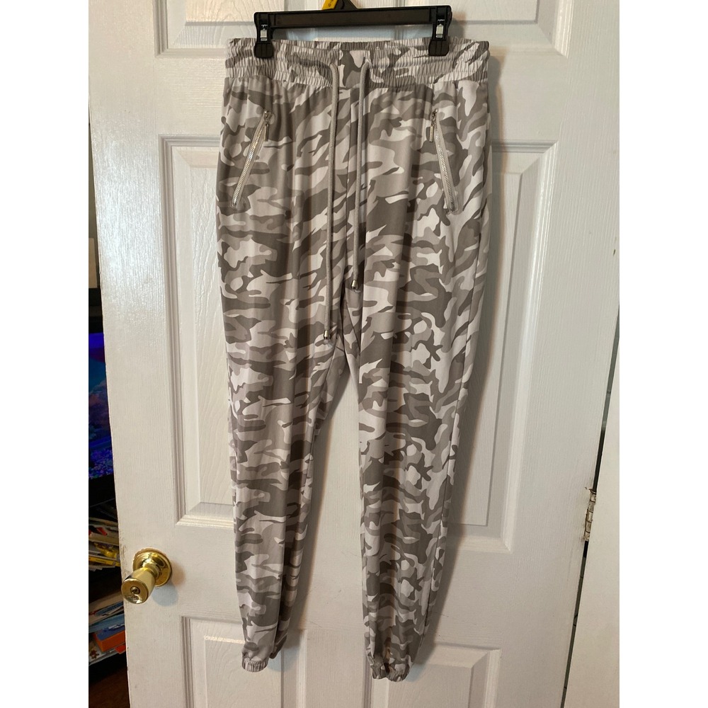 Indero Womens Camo Joggers Grey White Camouflage Zipper Pocket Pants L/XL